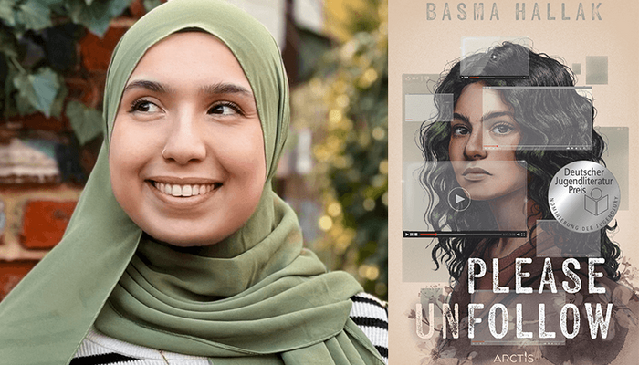 Eine Collage: links ist ein Foto der Autorin Basma Hallak zu sehen, auf dem sie lächelnd zur Seite schaut, rechts das Cover ihres Jugendromans "Please unfollow".