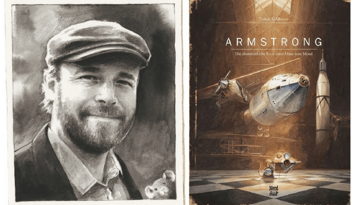 Ein gemaltes Portrait vom Autor Thorben Kuhlmann und das Buchcover von "Armstrong. Die abenteuerliche Reise einer Maus zum Mond"