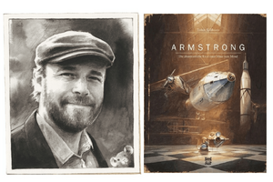Ein gemaltes Portrait vom Autor Thorben Kuhlmann und das Buchcover von "Armstrong. Die abenteuerliche Reise einer Maus zum Mond"