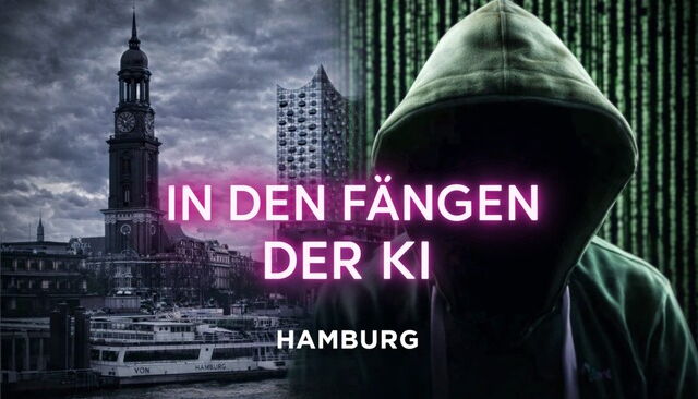 Person mit nicht sichtbarem Gesicht und Silhouette von Hamburg