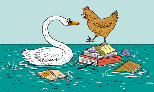 Comiczeichnung, ein Huhn steht auf einem Stapel Bücher, ein Schwan schwimmt daneben