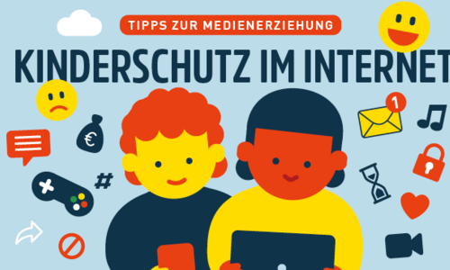 Illustration: Kind vor einem Banner mit mobilen Geräten