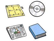 Medienpaket mit Brettspiel, CD, Zeitung und Buch
