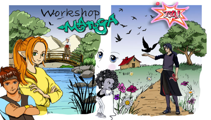 Zeichnung zweier Landschaften mit Figuren im Manga Stil