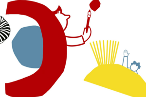 abstrakte Sticker in gelb, rot und grau