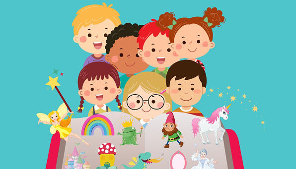Illustration: Kinder und Figuren wie Elfen, Einhorn und mehr