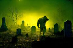 Werwolf bei Vollmond auf einem Friedhof