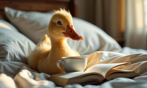 junge Ente liest ein Buch im kuscheligen Bett