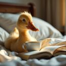 junge Ente liest ein Buch im kuscheligen Bett
