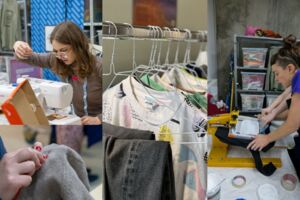 Foto zeigt mehrere Bereiche aus der Mode, z.B. eine Frau an der Nähmaschine, eine nähende Hand, ausgestellte Kleidungsstücke zum Tauschen