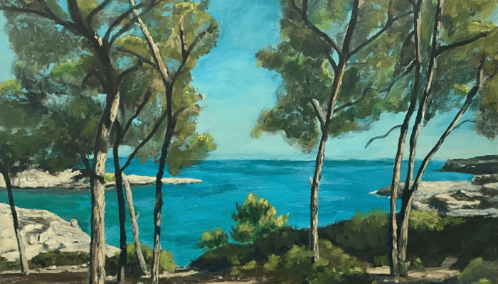 Gemälde vom grünen Bäumen vor einem blauen Meer.