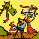 Ein kleiner Ritter sitzt auf einem Stuhl und kämpft mit einem Schwert gegen einen Drachen.