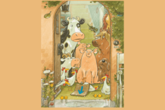 Illustration von Einer Kuh (Lieselotte) mit weiteren Tieren, die in einem Hauseingang stehen und draußen den Regen anschauen.
