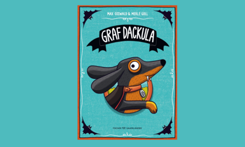 Buchcover "Graf Dackula". Zu sehen ist ein Dackel mit Vampir-Zähnen vor einen blauem Hintergrund.