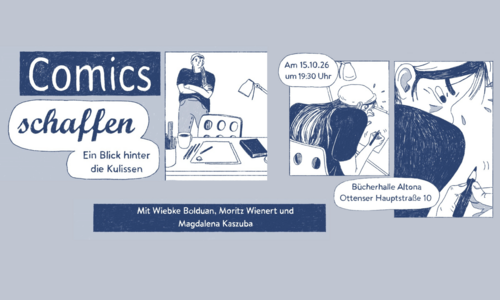 Comic-Zeichnung in blau und weiß.