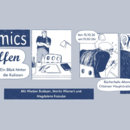 Comic-Zeichnung in blau und weiß.