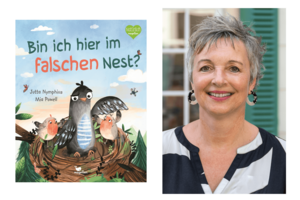Buchcover "Bin ich hier im falschen Nest?" und Portrait Jutta Nymphius