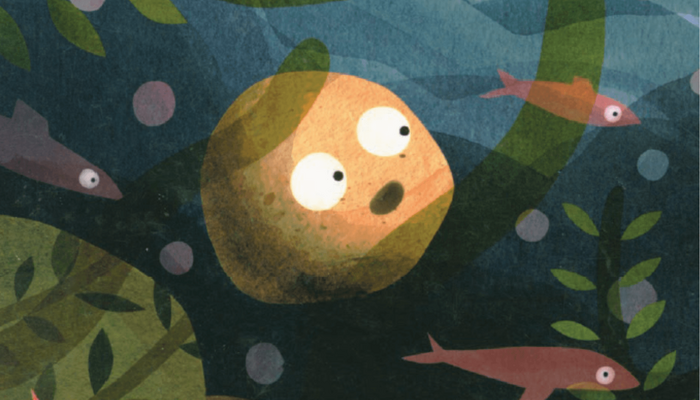Illustration Stein mit Gesicht, im Wasser
