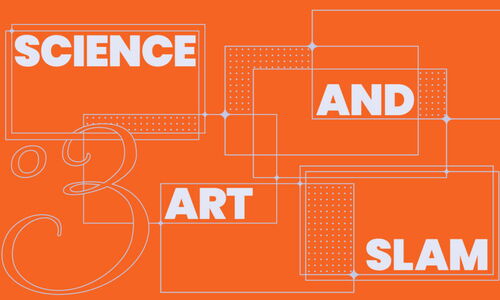 orangenes Bild auf dem Science And Art Slam steht, auseinander gezogen und mit geomtrischen Figuren