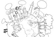 Illustration: Weltkugel mit Menschen, Tieren, Häusern und mehr