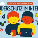 Illustration: Kind vor einem Banner mit mobilen Geräten