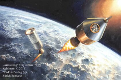 Zeichnung einer Rakete, die mit Mausbesatzung ins All fliegt