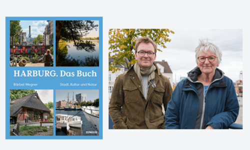 Buchcover "Harburg - das Buch" und Porträt Bärbel Wegner und Fotograf
