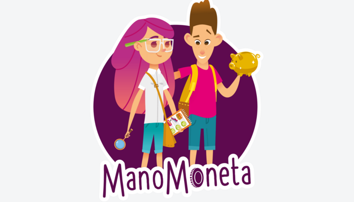 Illustration zwei Kinder und Text "Mano Moneta"
