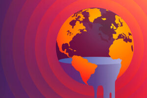 Abbildung der Erde, die Wasser verliert,  vor rotem Hintergrund