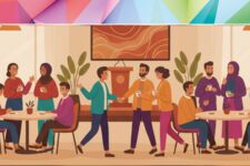 fröhliche Partygesellschaft in warmen und freundlichen Farbtönen