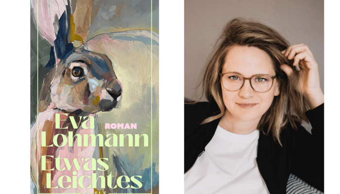 Links befindet sich das Buchcover von Eva Lohmanns Roman "Etwas leichtes". Auf dem Cover ist ein Gemälde eines Hasen zu sehen. Rechts befindet sich das Porträt der Autorin "Eva Lohmann".