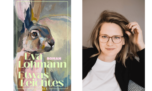 Links befindet sich das Buchcover von Eva Lohmanns Roman "Etwas leichtes". Auf dem Cover ist ein Gemälde eines Hasen zu sehen. Rechts befindet sich das Porträt der Autorin "Eva Lohmann".