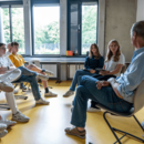 Personen sitzen im Stuhlkreis und und unterhalten sich.