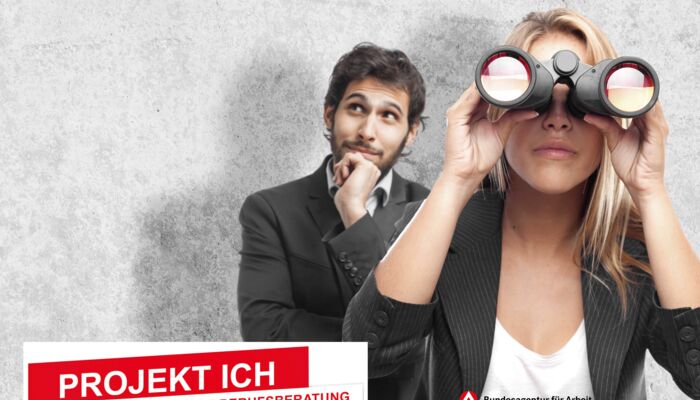 Mann und Frau mit Fernglas, Schriftzug Lebensbegleitende Berufsberatung