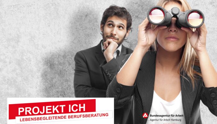 Mann und Frau mit Fernglas, Schriftzug Lebensbegleitende Berufsberatung