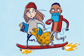 Ein Mächen, ein Junge und ein Hund auf einem Skateboard