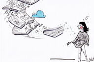 Illustration: Eine junge Frau fängt fliegende Bücher