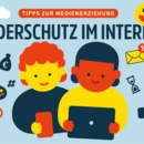 Illustration: Kind vor einem Banner mit mobilen Geräten