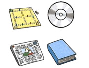 Medienpaket mit Brettspiel, CD, Zeitung und Buch
