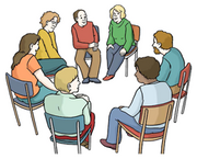 Illustration. Menschen sitzen in einem Kreis