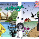 Zeichnung zweier Landschaften mit Figuren im Manga Stil