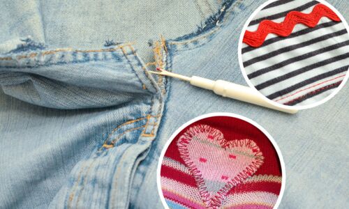 aufgetrennte Jeans und Pullover mit Herz-Flicken