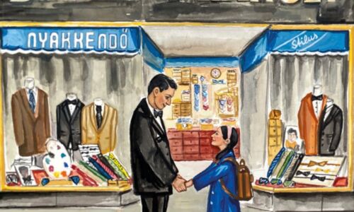 Gezeichnetes Buchcover, ein Mann und ein Mädchen halten sich an den Händen