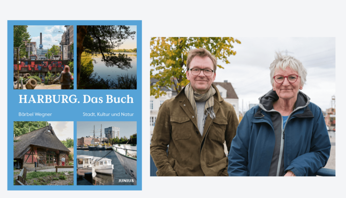 Buchcover "Harburg - das Buch" und Porträt Bärbel Wegner und Fotograf