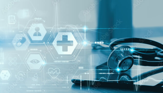 Fotos eines Stethoskop mit Abbildungen von Gesundheitspiktogrammen