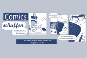 Comic-Zeichnung in blau und weiß.