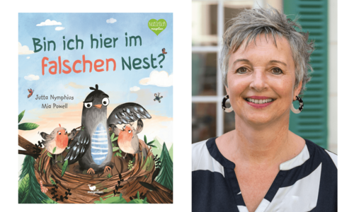 Buchcover "Bin ich hier im falschen Nest?" und Portrait Jutta Nymphius