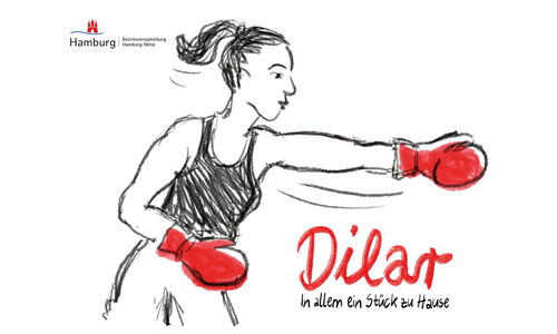 Comiczeichnung einer Frau beim Boxen mit roten Boxhandschuhen