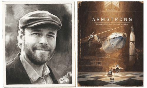 Ein gemaltes Portrait vom Autor Thorben Kuhlmann und das Buchcover von "Armstrong. Die abenteuerliche Reise einer Maus zum Mond"