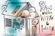 Illustration: In einem Haus drängen sich Menschen und füllen ihre (Glühbirnen)-Köpfe mit Wissen
